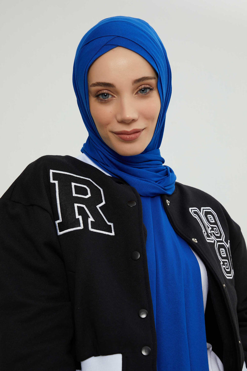 Jersey Shawl for Women 95% Cotton Head Wrap Instant Modesty Turban Cap Scarf Cross Stich Ready to Wear Hijab,PS-40 Sax Blue