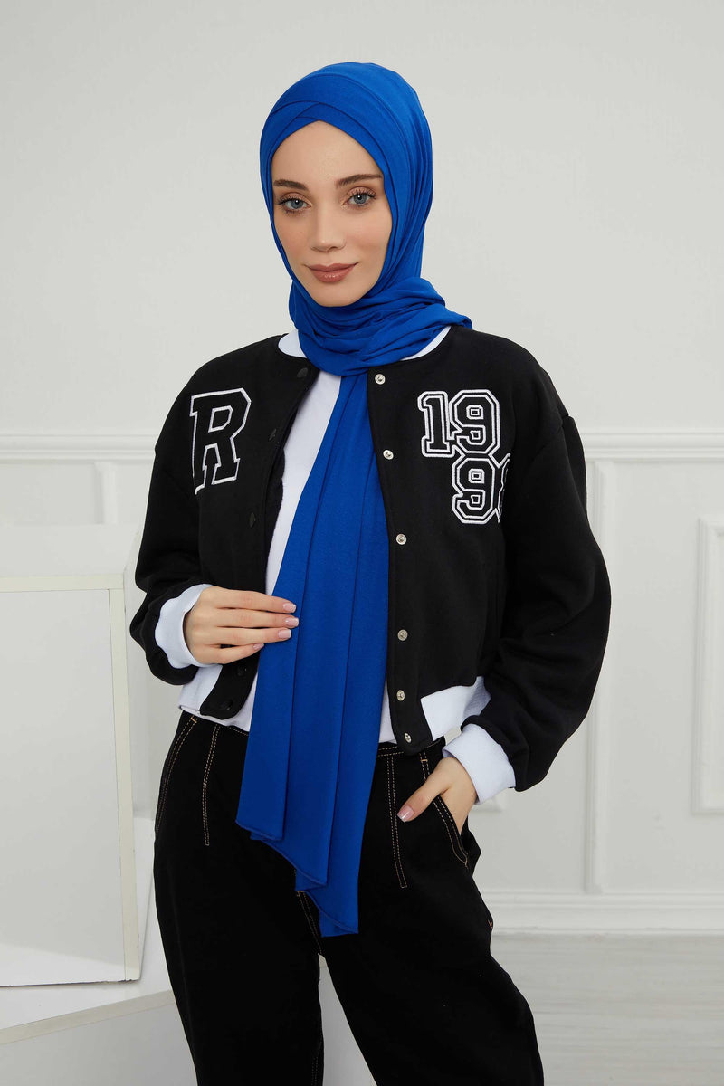 Jersey Shawl for Women 95% Cotton Head Wrap Instant Modesty Turban Cap Scarf Cross Stich Ready to Wear Hijab,PS-40 Sax Blue