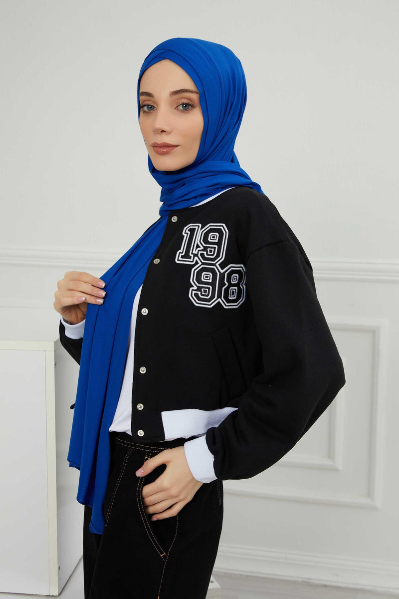 Jersey Shawl for Women 95% Cotton Head Wrap Instant Modesty Turban Cap Scarf Cross Stich Ready to Wear Hijab,PS-40 Sax Blue