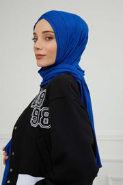 Jersey Shawl for Women 95% Cotton Head Wrap Instant Modesty Turban Cap Scarf Cross Stich Ready to Wear Hijab,PS-40 Sax Blue