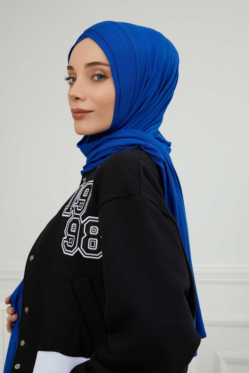 Jersey Shawl for Women 95% Cotton Head Wrap Instant Modesty Turban Cap Scarf Cross Stich Ready to Wear Hijab,PS-40 Sax Blue