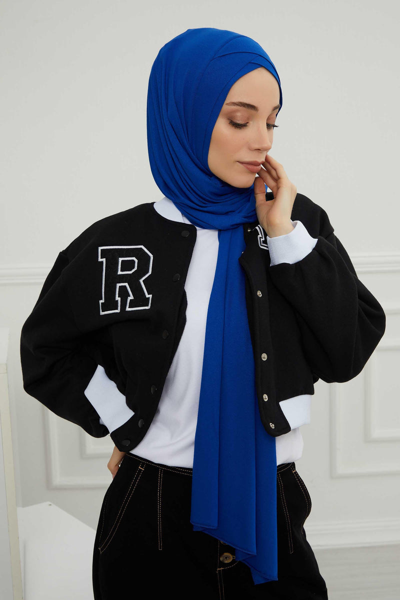 Jersey Shawl for Women 95% Cotton Head Wrap Instant Modesty Turban Cap Scarf Cross Stich Ready to Wear Hijab,PS-40 Sax Blue