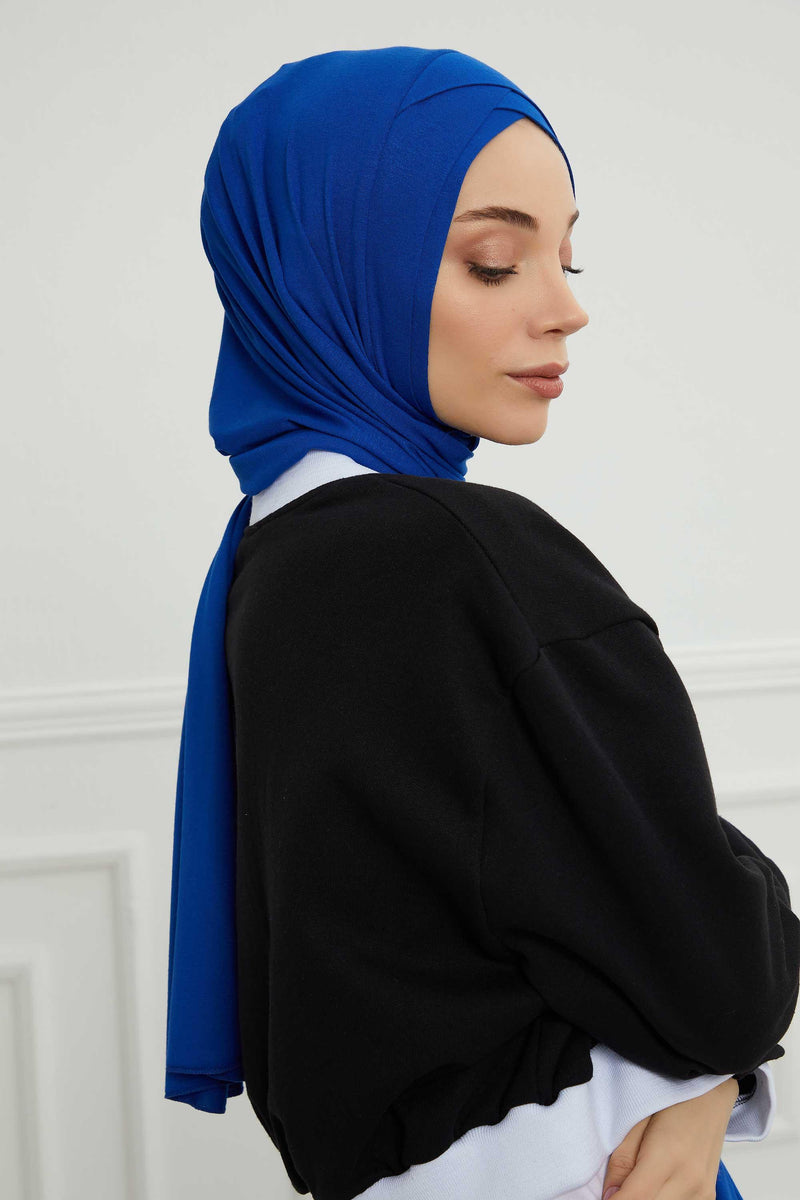 Jersey Shawl for Women 95% Cotton Head Wrap Instant Modesty Turban Cap Scarf Cross Stich Ready to Wear Hijab,PS-40 Sax Blue