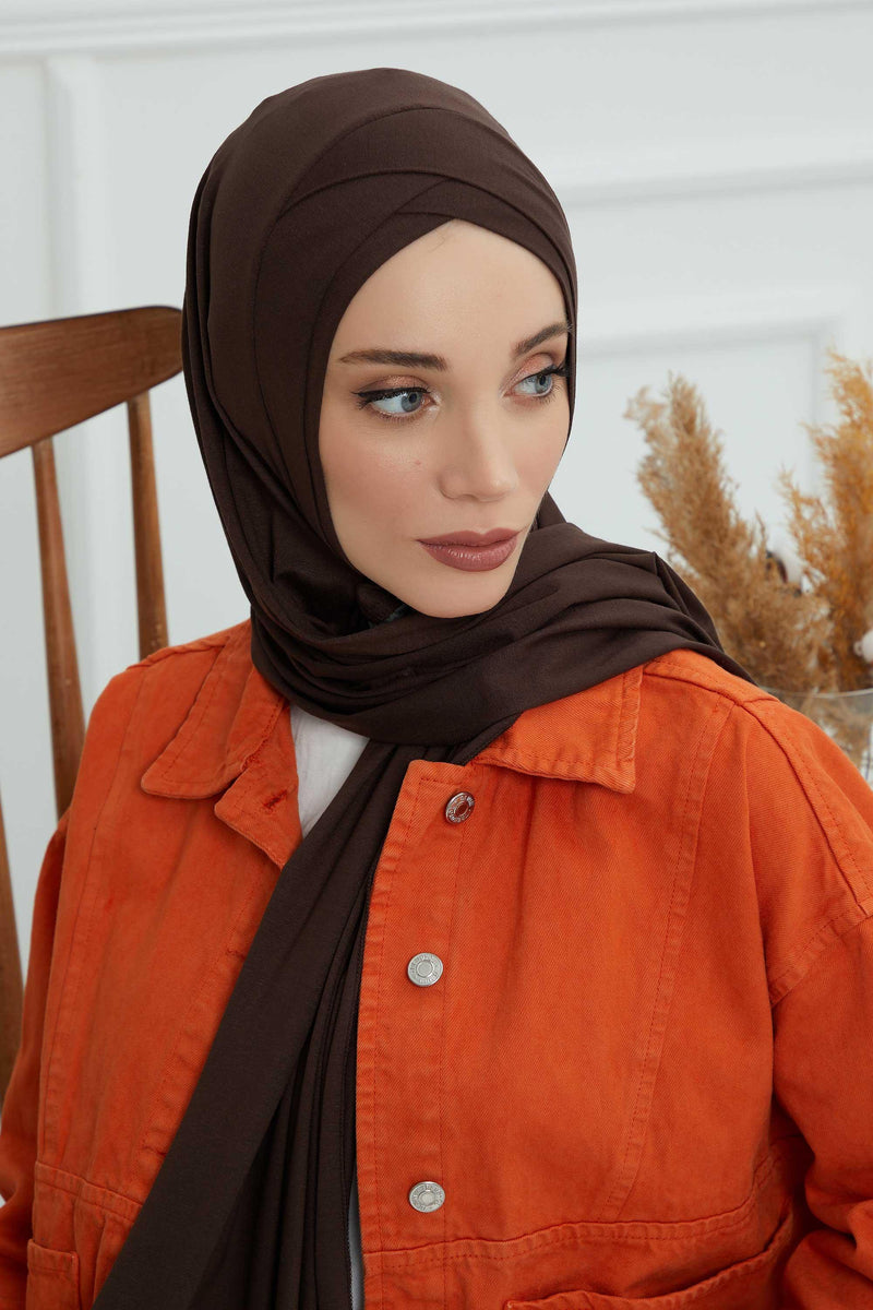 Jersey Shawl for Women 95% Cotton Head Wrap Instant Modesty Turban Cap Scarf Cross Stich Ready to Wear Hijab,PS-40 Brown