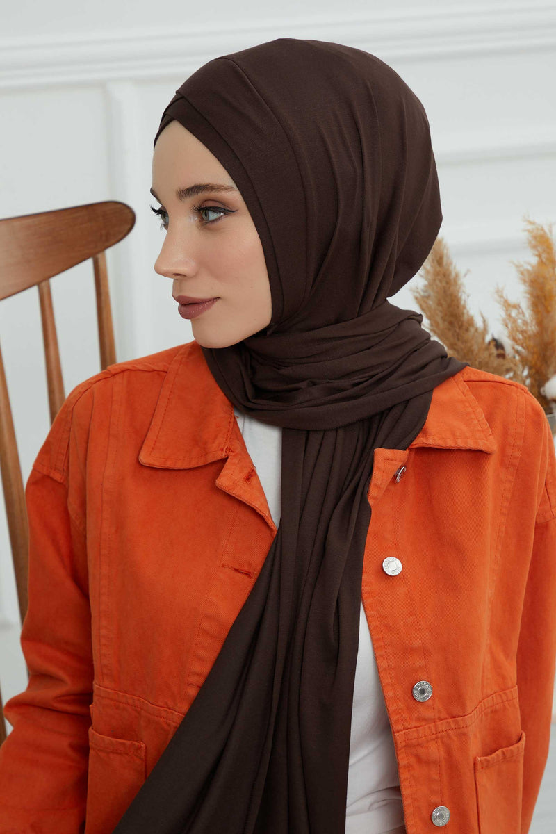 Jersey Shawl for Women 95% Cotton Head Wrap Instant Modesty Turban Cap Scarf Cross Stich Ready to Wear Hijab,PS-40 Brown