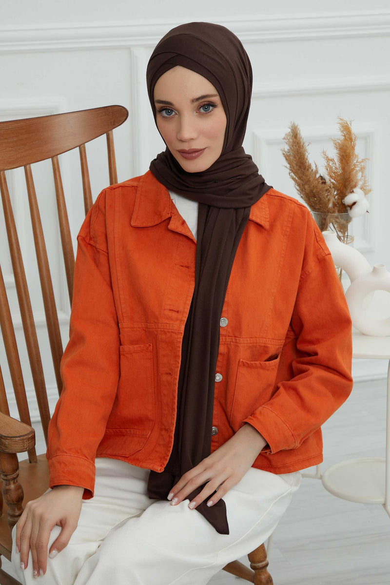 Jersey Shawl for Women 95% Cotton Head Wrap Instant Modesty Turban Cap Scarf Cross Stich Ready to Wear Hijab,PS-40 Brown