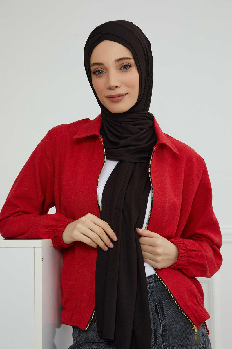 Jersey Shawl for Women 95% Cotton Head Wrap Instant Modesty Turban Cap Scarf Cross Stich Ready to Wear Hijab,PS-40 Black