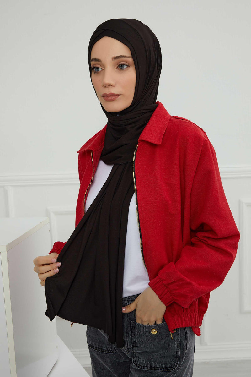 Jersey Shawl for Women 95% Cotton Head Wrap Instant Modesty Turban Cap Scarf Cross Stich Ready to Wear Hijab,PS-40 Black