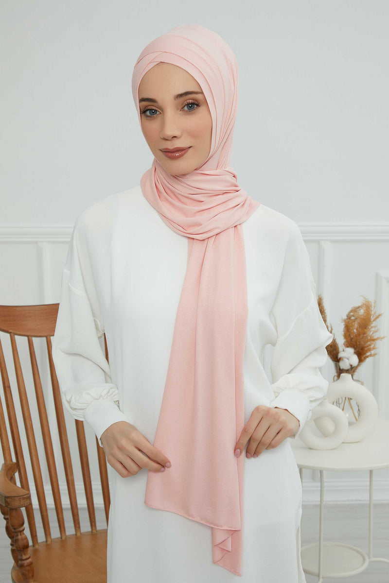 Jersey Shawl for Women 95% Cotton Head Wrap Instant Modesty Turban Cap Scarf Cross Stich Ready to Wear Hijab,PS-40 Powder