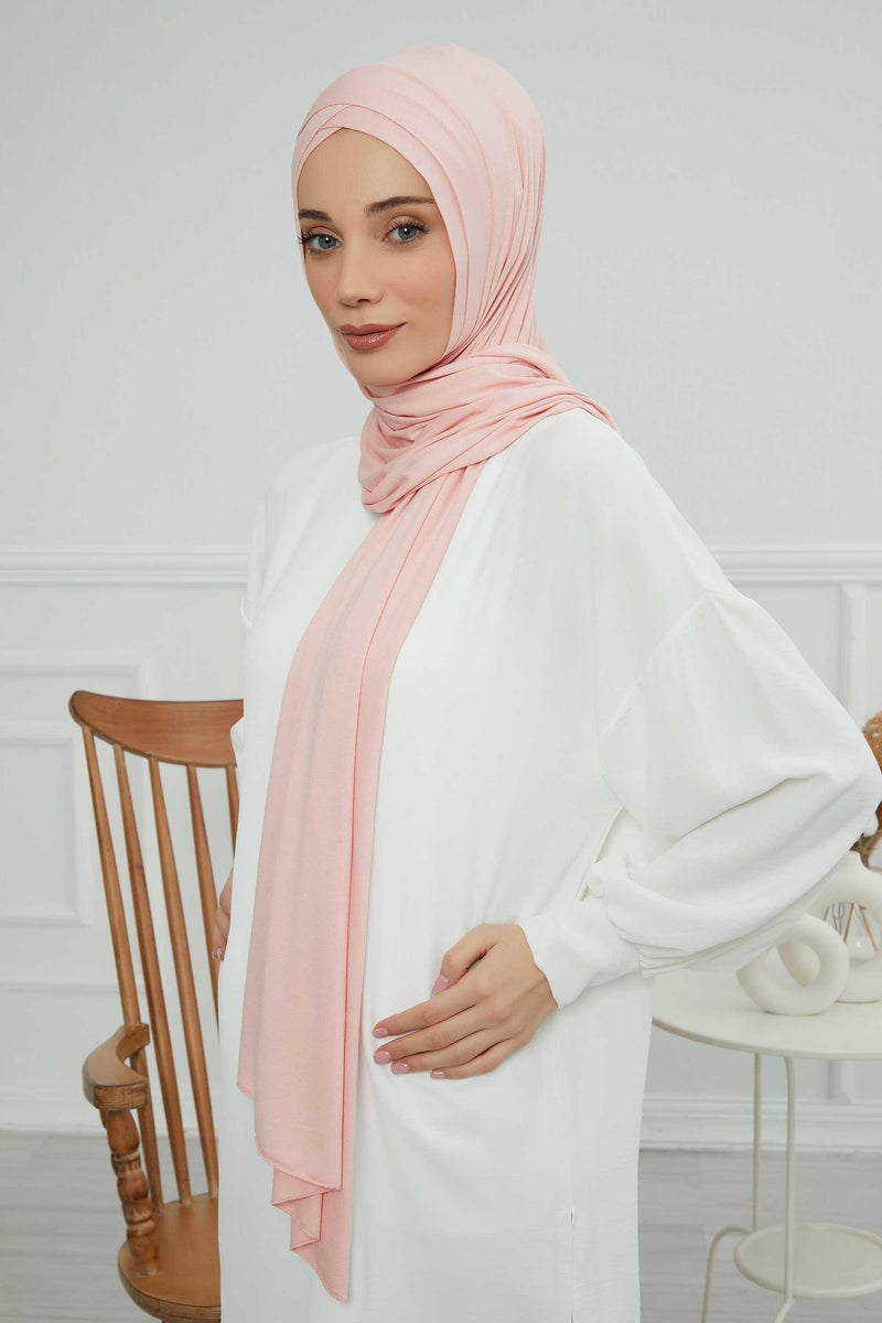 Jersey Shawl for Women 95% Cotton Head Wrap Instant Modesty Turban Cap Scarf Cross Stich Ready to Wear Hijab,PS-40 Powder