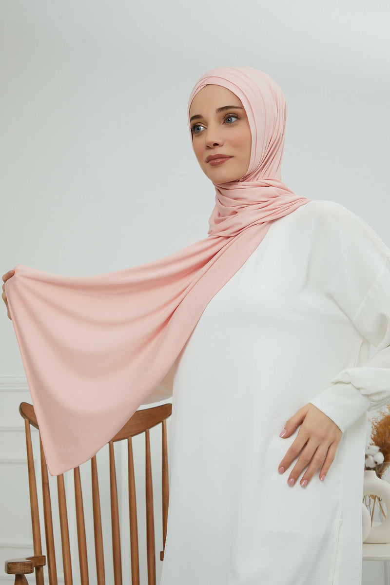Jersey Shawl for Women 95% Cotton Head Wrap Instant Modesty Turban Cap Scarf Cross Stich Ready to Wear Hijab,PS-40 Powder