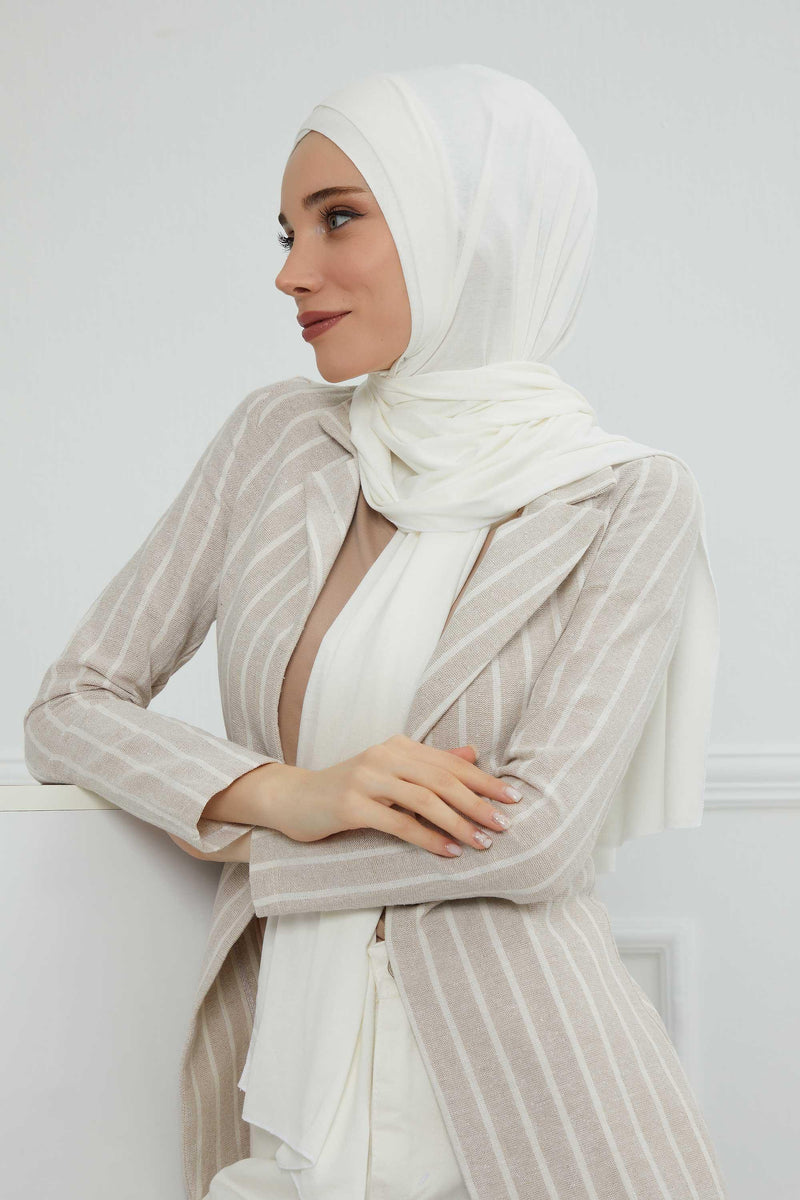Jersey Shawl for Women 95% Cotton Head Wrap Instant Modesty Turban Cap Scarf Cross Stich Ready to Wear Hijab,PS-40 Ivory
