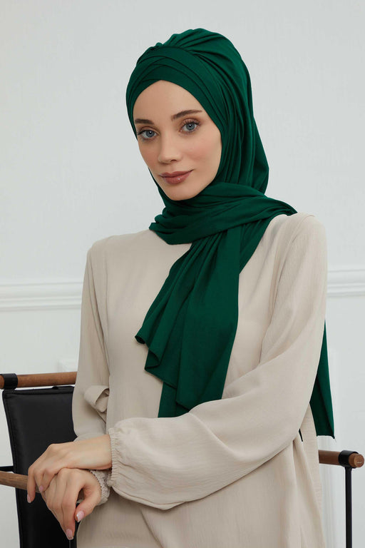 Soft Jersey Hijab Shawl for Women, 95% Cotton and Comfortable Ready to Wear Women Headscarf, Cross Stich Instant Pre-tied Hijab Shawl,PS-41 Green