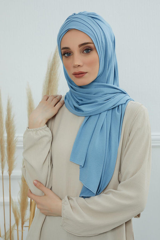 Soft Jersey Hijab Shawl for Women, 95% Cotton and Comfortable Ready to Wear Women Headscarf, Cross Stich Instant Pre-tied Hijab Shawl,PS-41 Blue
