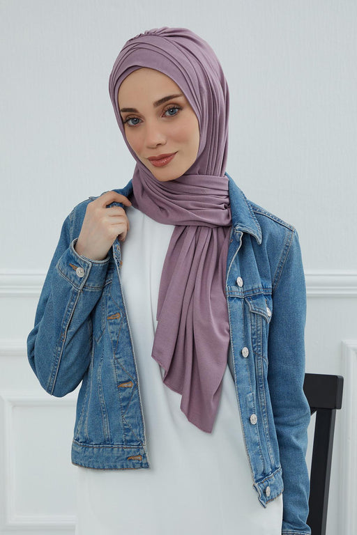 Soft Jersey Hijab Shawl for Women, 95% Cotton and Comfortable Ready to Wear Women Headscarf, Cross Stich Instant Pre-tied Hijab Shawl,PS-41 Lilac