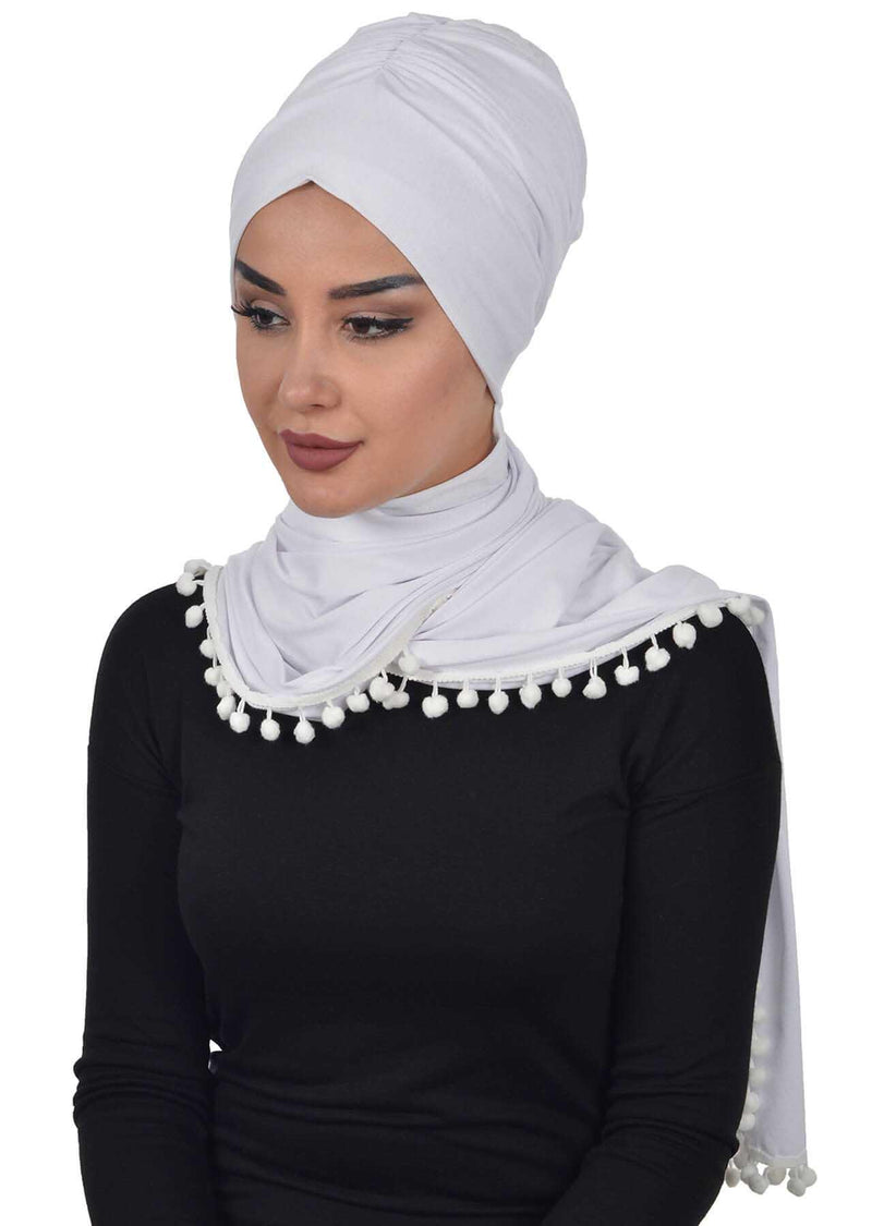Jersey Shawl for Women 95% Cotton Modesty Turban Cap Wrap Instant Scarf Shawl With Pompom,BT-2