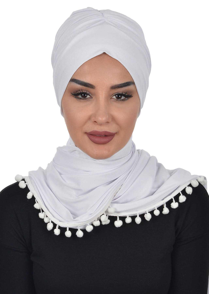 Jersey Shawl for Women 95% Cotton Modesty Turban Cap Wrap Instant Scarf Shawl With Pompom,BT-2