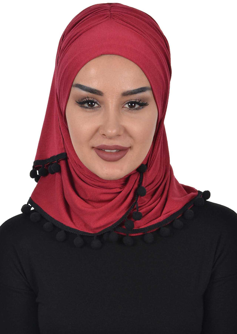 Jersey Shawl for Women 95% Cotton Modesty Turban Cap Wrap Instant Scarf Shawl With Pompom,BT-2