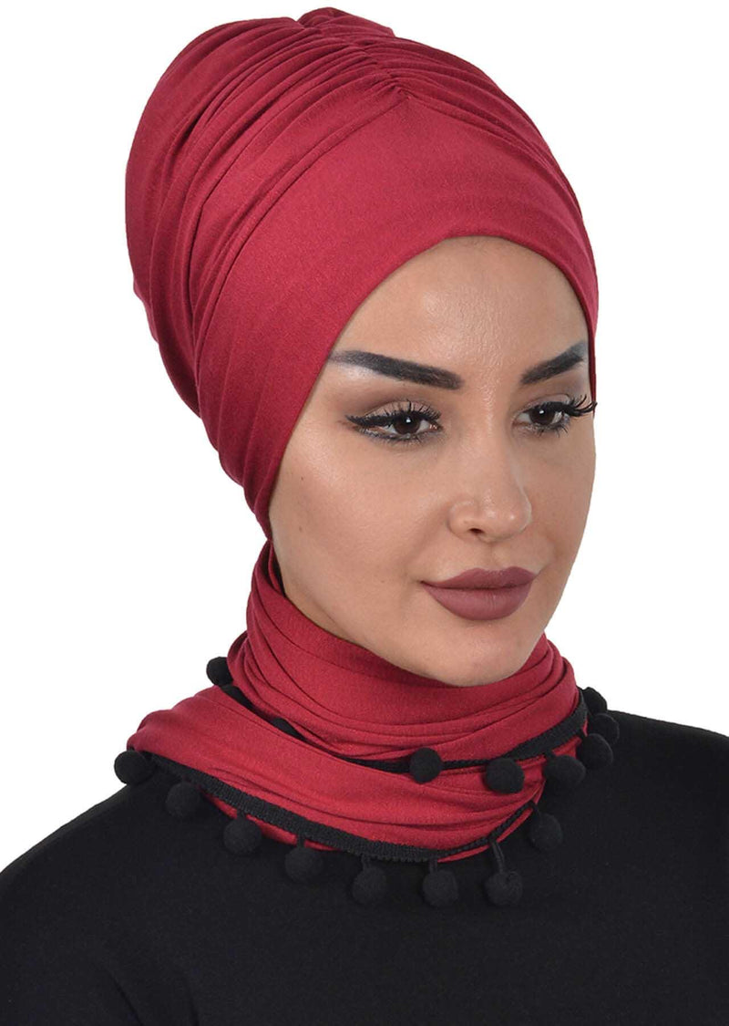 Jersey Shawl for Women 95% Cotton Modesty Turban Cap Wrap Instant Scarf Shawl With Pompom,BT-2