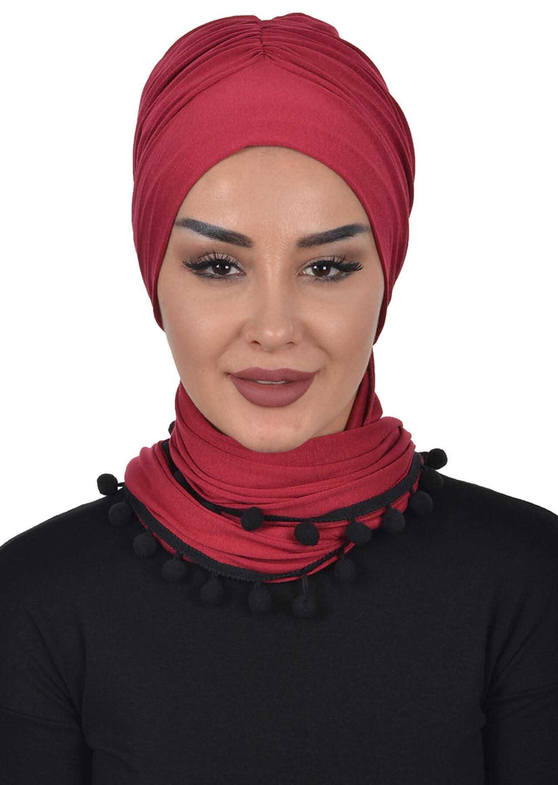Jersey Shawl for Women 95% Cotton Modesty Turban Cap Wrap Instant Scarf Shawl With Pompom,BT-2