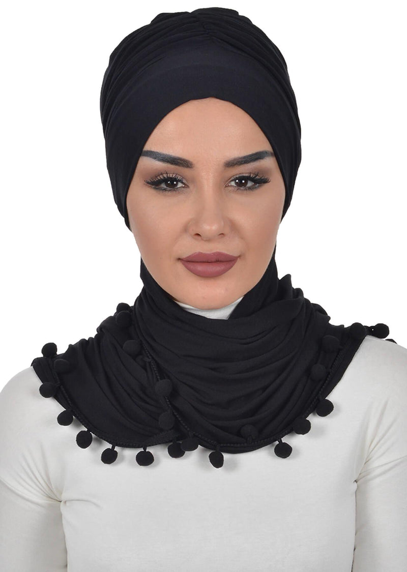 Jersey Shawl for Women 95% Cotton Modesty Turban Cap Wrap Instant Scarf Shawl With Pompom,BT-2