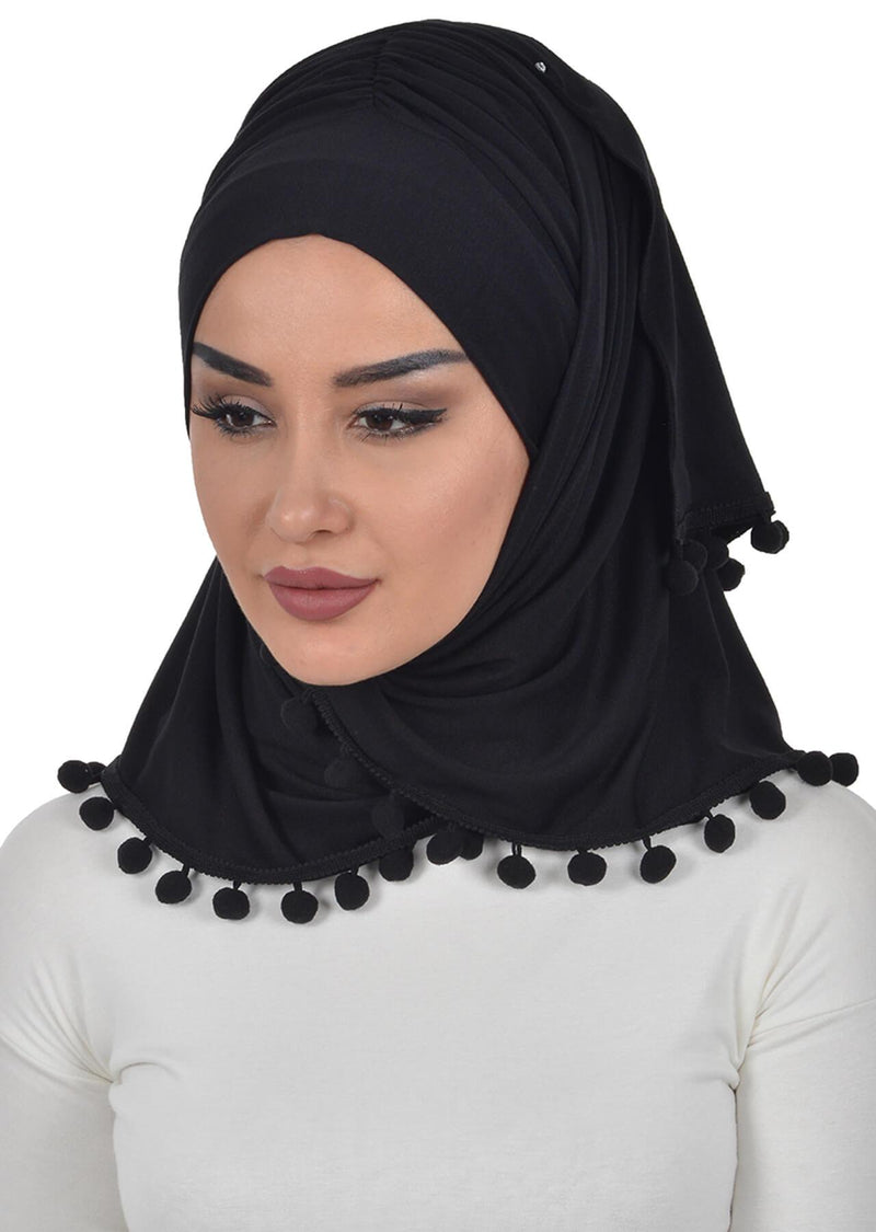 Jersey Shawl for Women 95% Cotton Modesty Turban Cap Wrap Instant Scarf Shawl With Pompom,BT-2