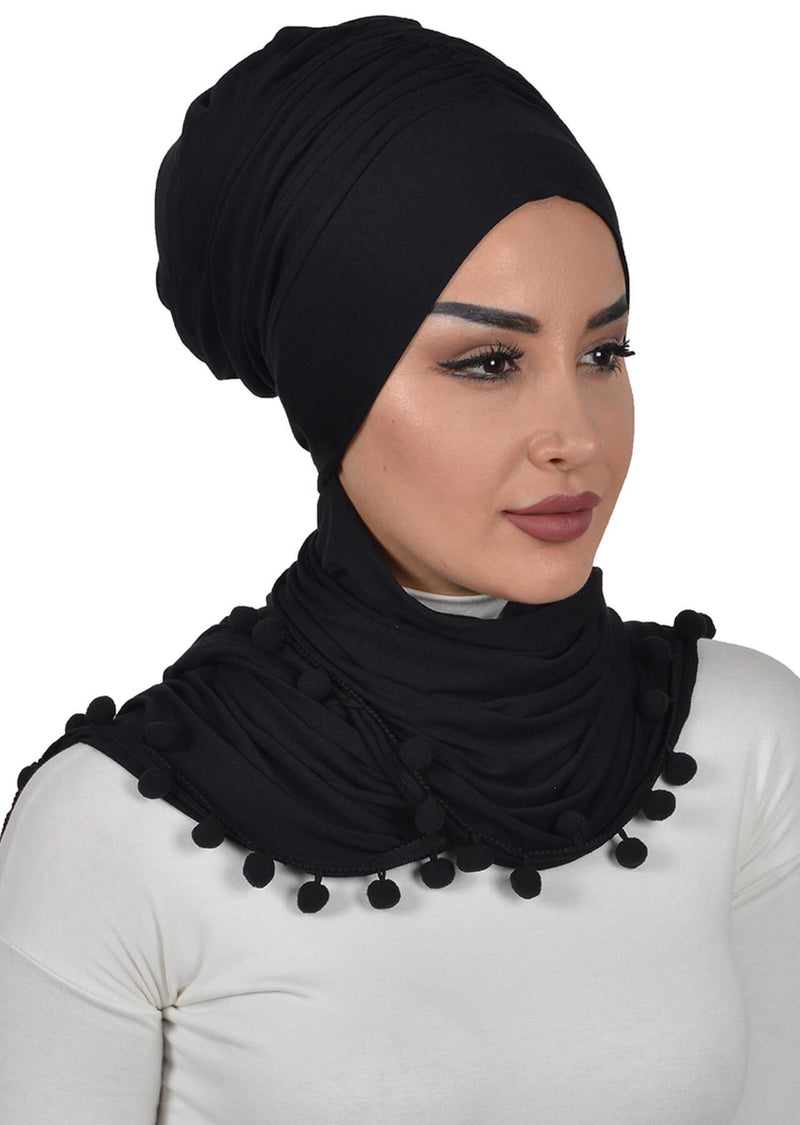 Jersey Shawl for Women 95% Cotton Modesty Turban Cap Wrap Instant Scarf Shawl With Pompom,BT-2