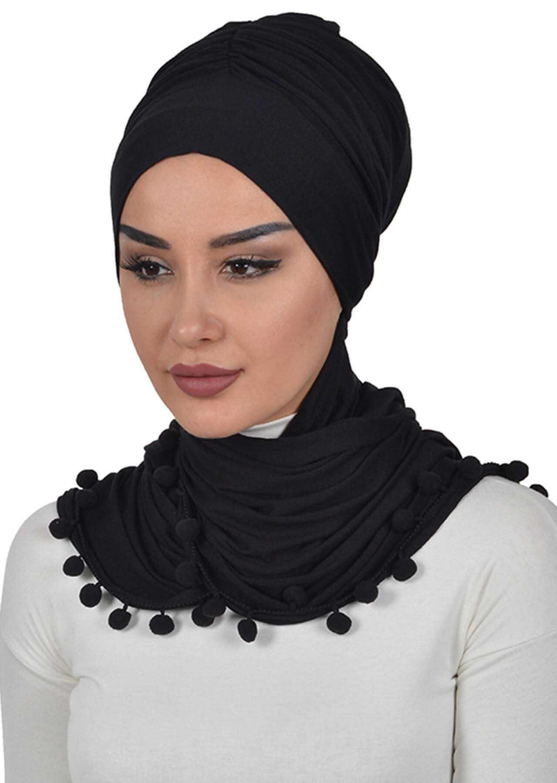 Jersey Shawl for Women 95% Cotton Modesty Turban Cap Wrap Instant Scarf Shawl With Pompom,BT-2