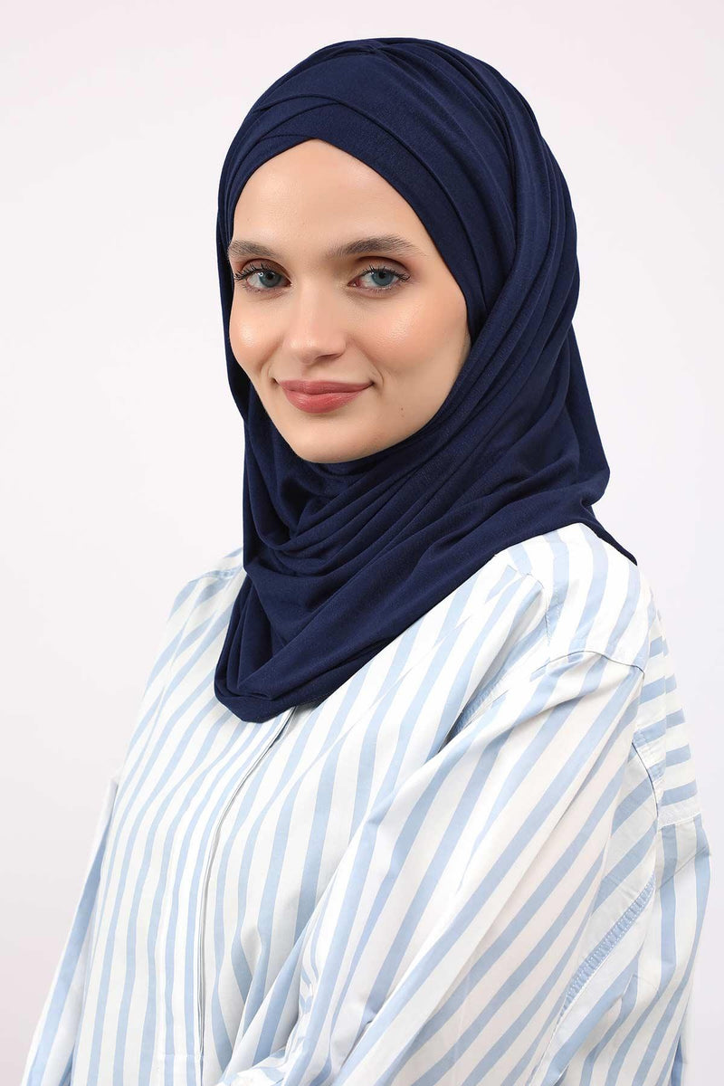 Jersey Shawl for Women %95 Cotton Scarf Head Wrap Modesty Turban Cap Hat,CPS-45 Navy Blue