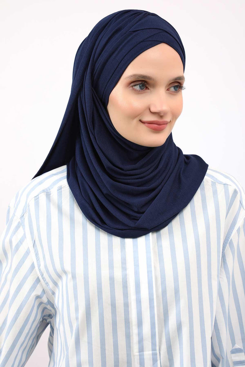 Jersey Shawl for Women %95 Cotton Scarf Head Wrap Modesty Turban Cap Hat,CPS-45 Navy Blue