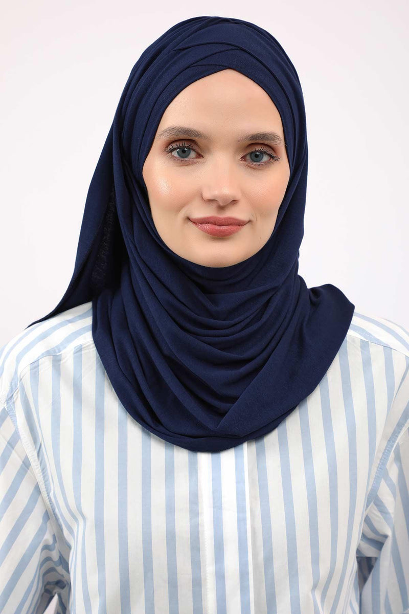 Jersey Shawl for Women %95 Cotton Scarf Head Wrap Modesty Turban Cap Hat,CPS-45 Navy Blue