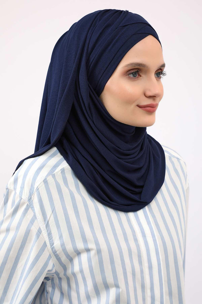 Jersey Shawl for Women %95 Cotton Scarf Head Wrap Modesty Turban Cap Hat,CPS-45 Navy Blue