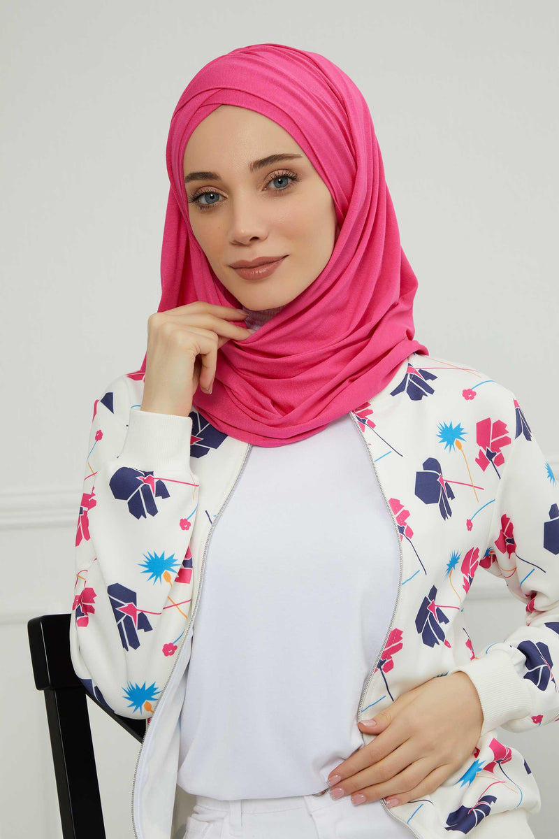 Jersey Shawl for Women %95 Cotton Scarf Head Wrap Modesty Turban Cap Hat,CPS-45 Fuchsia