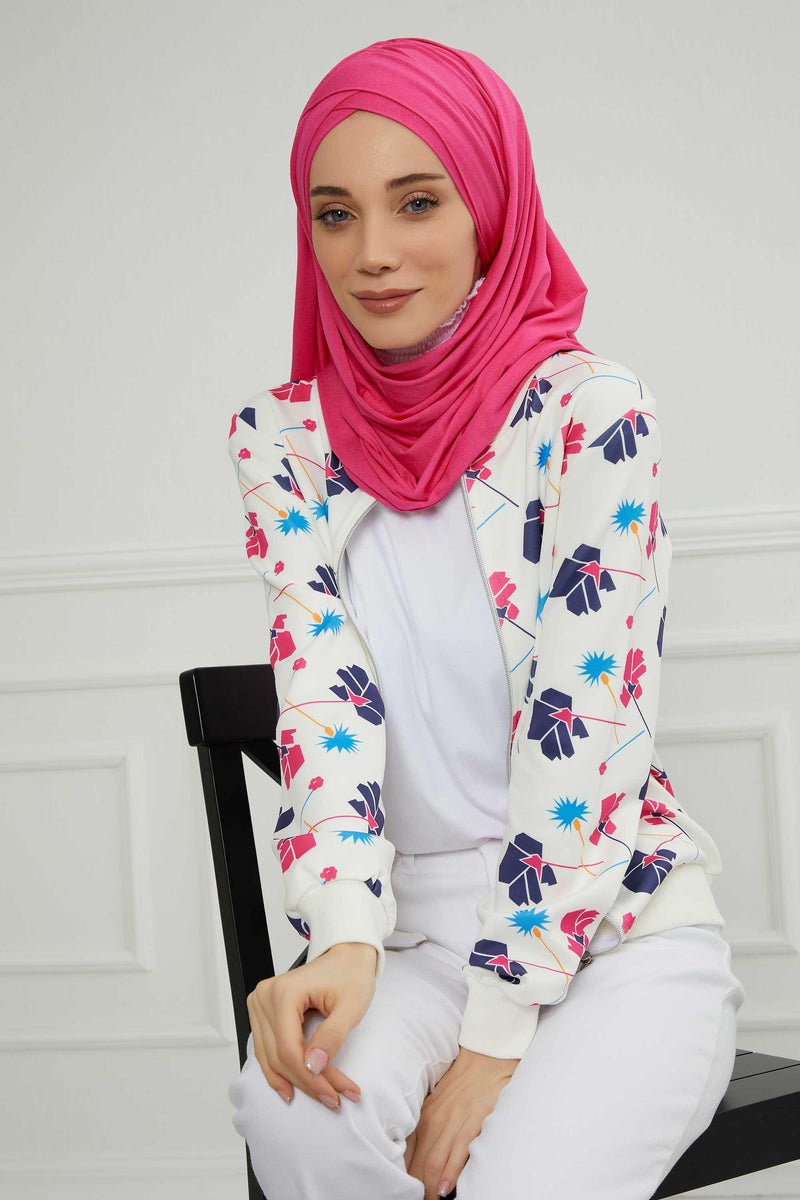 Jersey Shawl for Women %95 Cotton Scarf Head Wrap Modesty Turban Cap Hat,CPS-45 Fuchsia