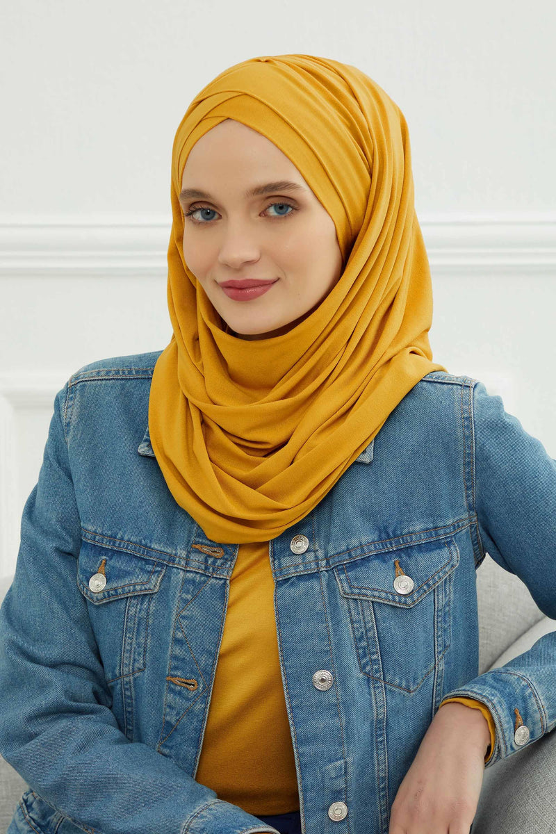 Jersey Shawl for Women %95 Cotton Scarf Head Wrap Modesty Turban Cap Hat,CPS-45 Mustard Yellow