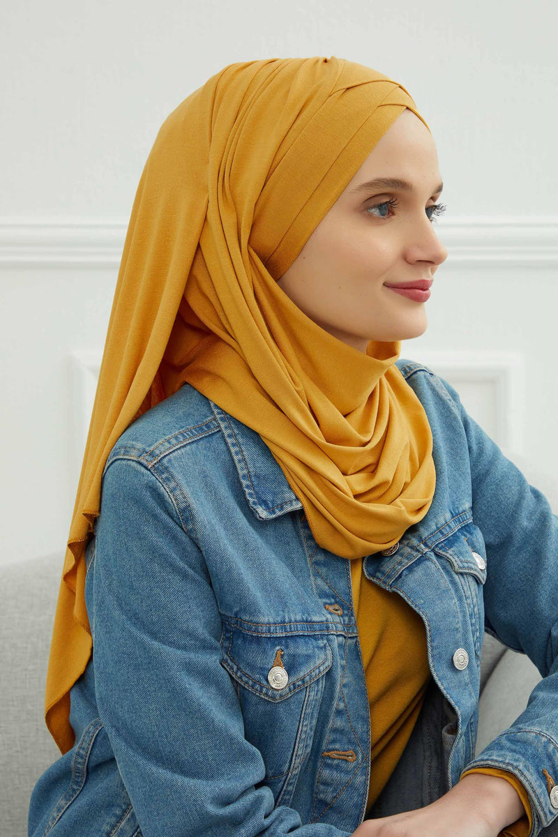 Jersey Shawl for Women %95 Cotton Scarf Head Wrap Modesty Turban Cap Hat,CPS-45 Mustard Yellow