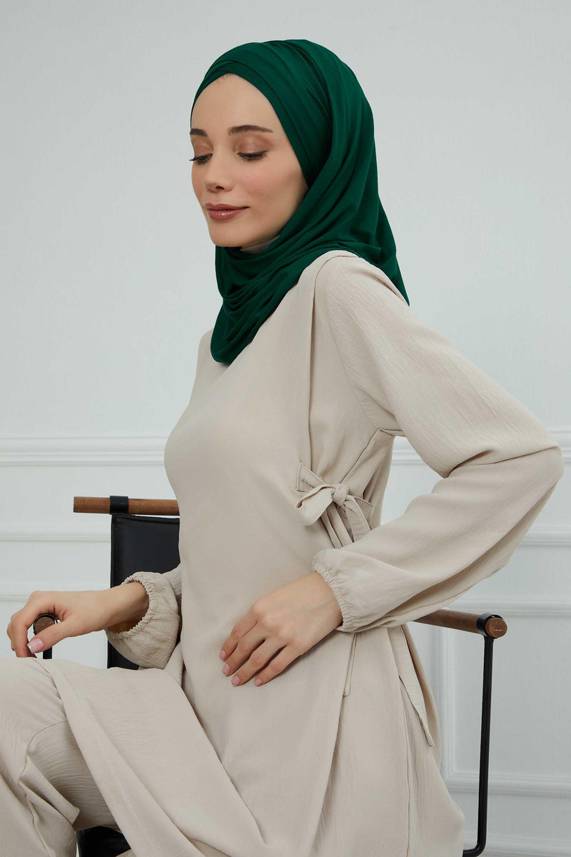 Jersey Shawl for Women %95 Cotton Scarf Head Wrap Modesty Turban Cap Hat,CPS-45 Green