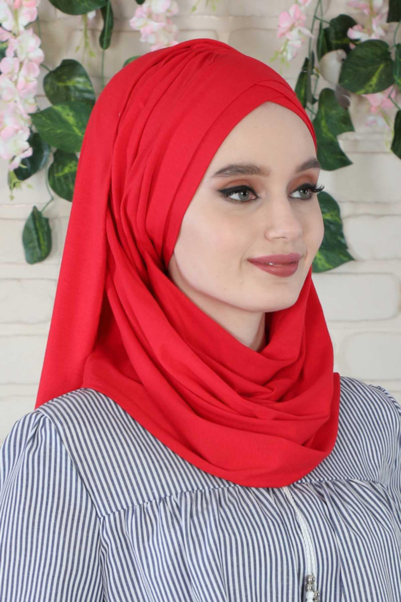 Jersey Shawl for Women %95 Cotton Scarf Head Wrap Modesty Turban Cap Hat,CPS-45 Red