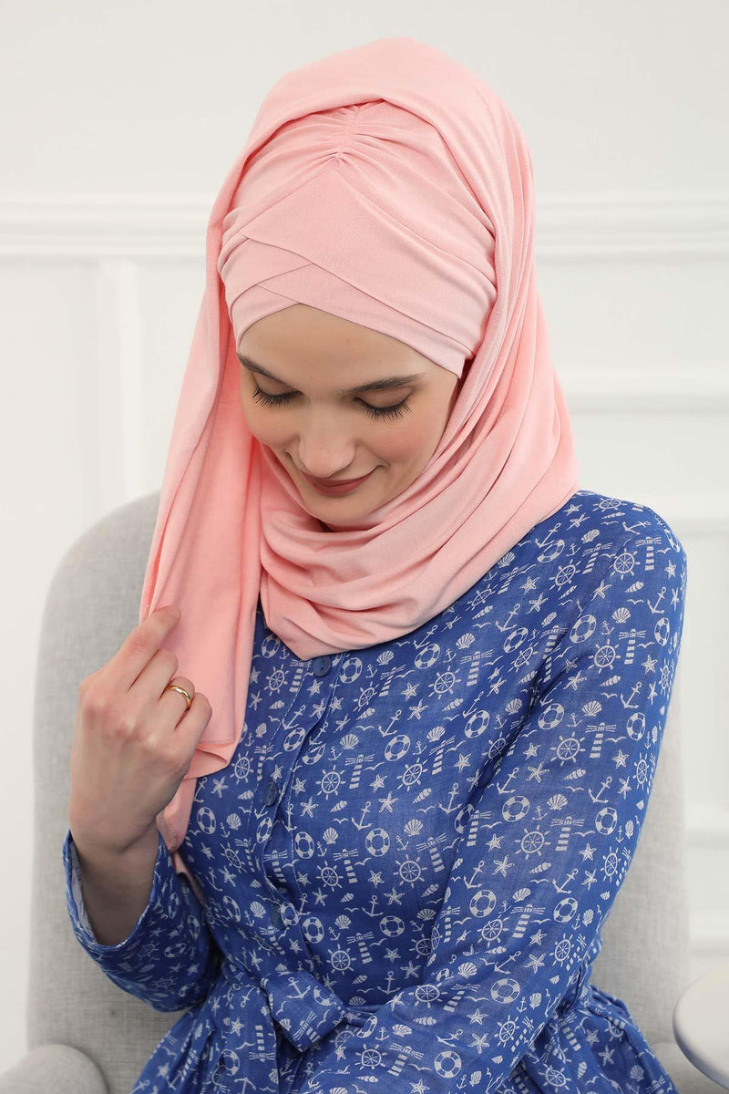 Jersey Shawl for Women %95 Cotton Scarf Head Wrap Modesty Turban Cap Hat,CPS-45 Powder