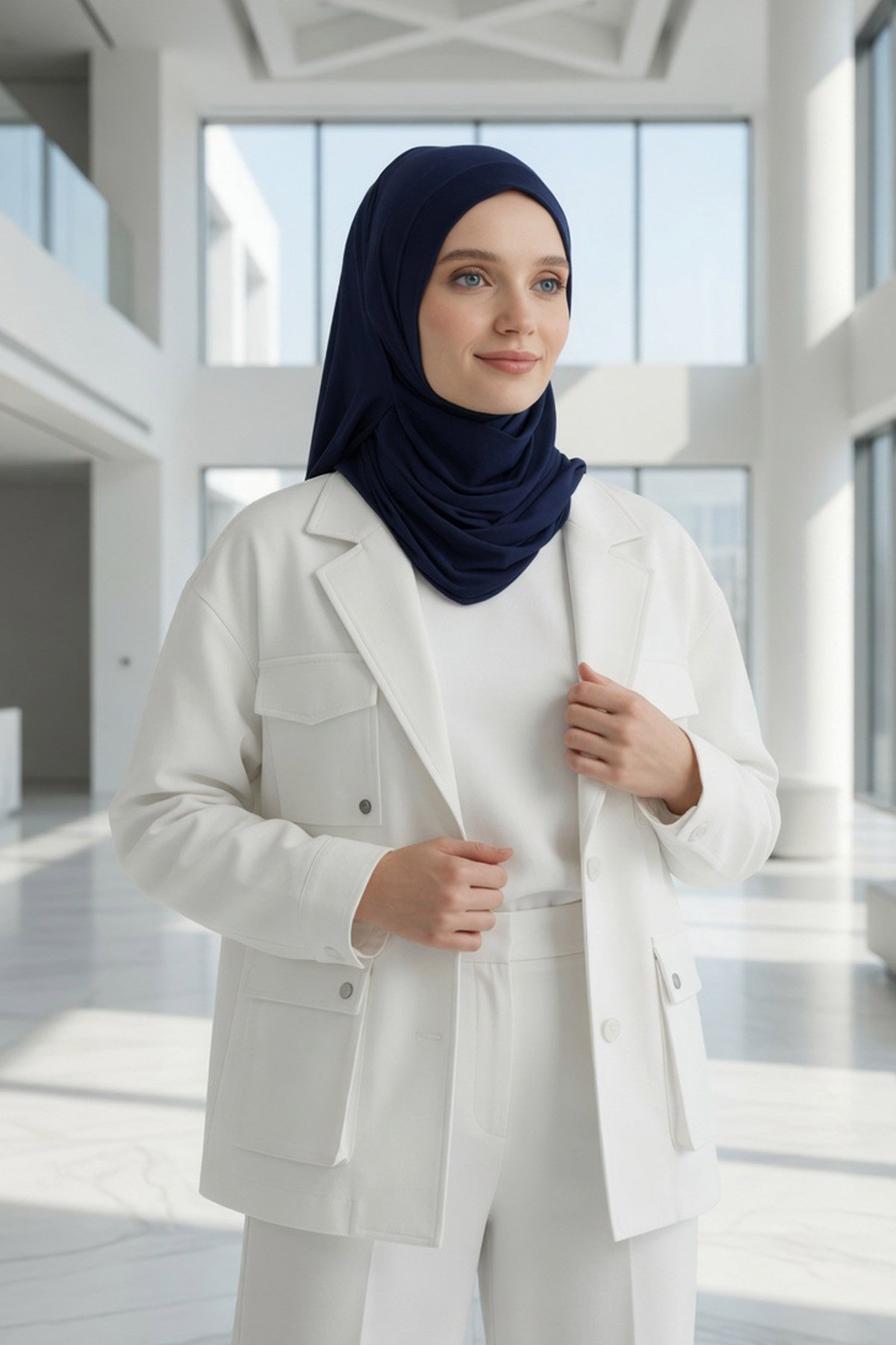 Jersey Shawl for Women Instant Combed Cotton Shawl for Women Cotton Modesty Instant Turban Cap Hat Head Wrap Ready to Wear Scarf,PS-16 Navy Blue