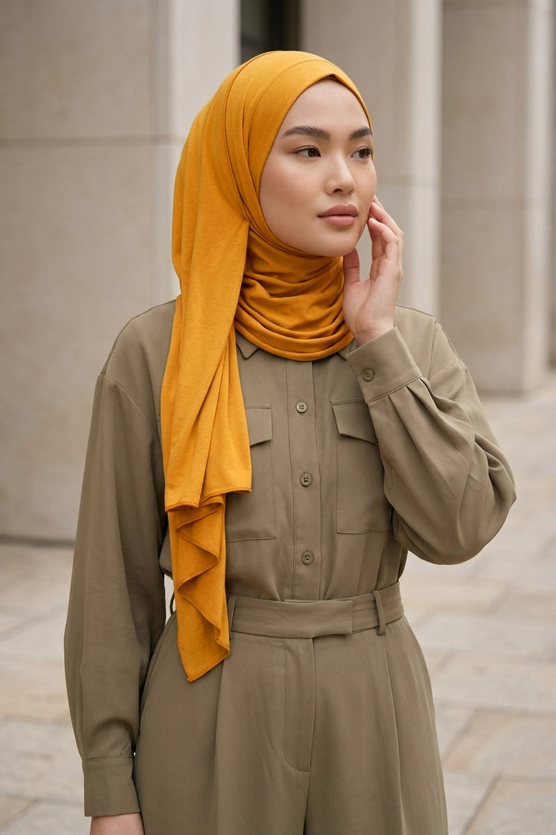 Jersey Shawl for Women Instant Combed Cotton Shawl for Women Cotton Modesty Instant Turban Cap Hat Head Wrap Ready to Wear Scarf,PS-16 Mustard Yellow