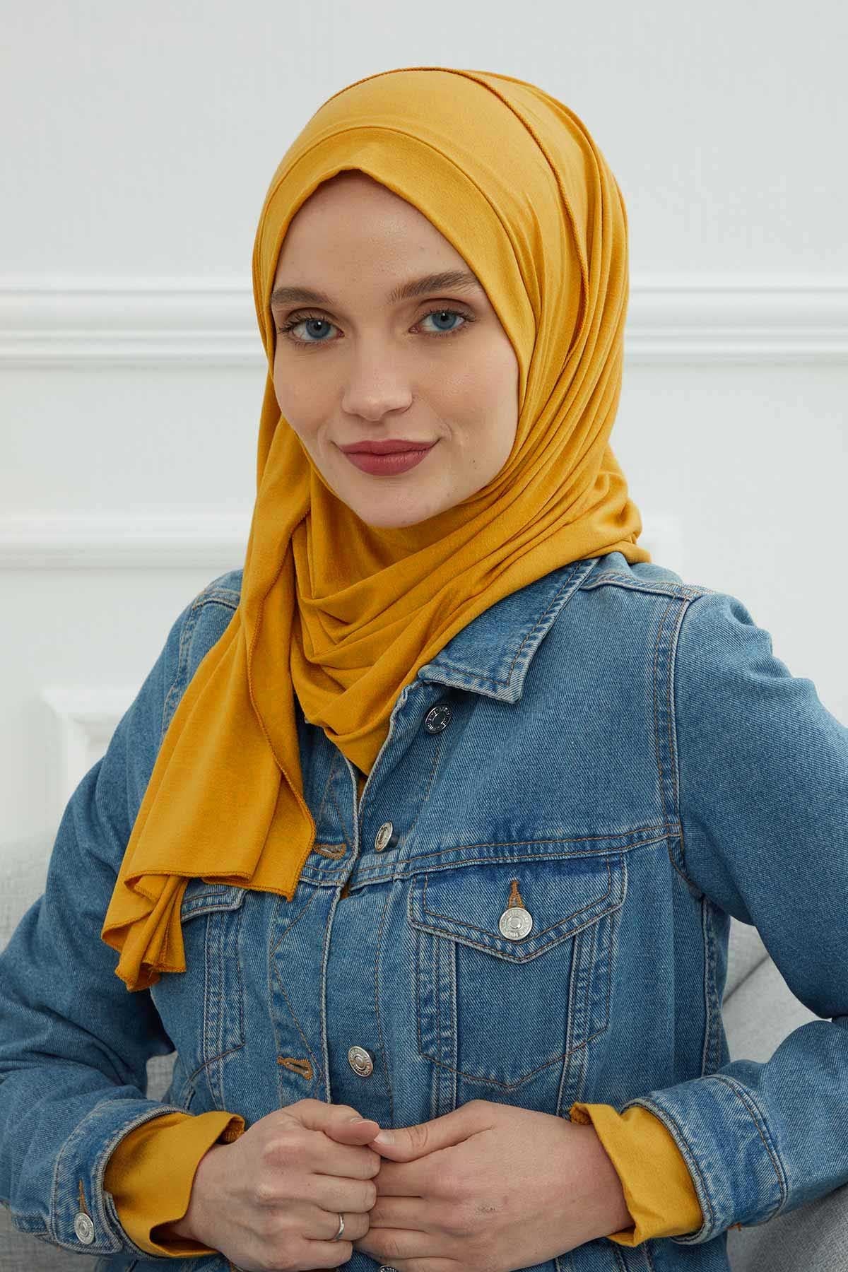 Jersey Shawl for Women Instant Combed Cotton Shawl for Women Cotton Modesty Instant Turban Cap Hat Head Wrap Ready to Wear Scarf,PS-16 Mustard Yellow