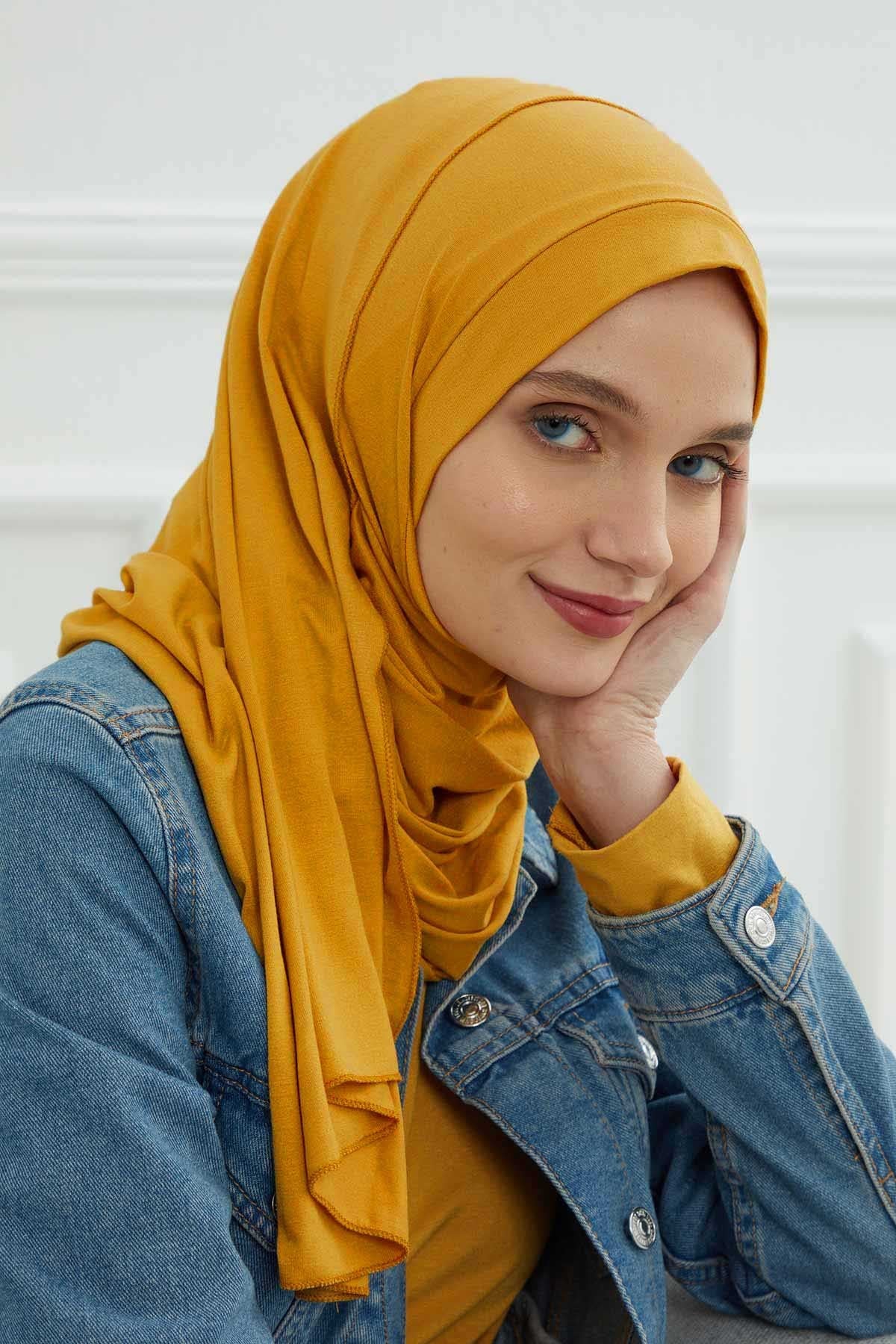 Jersey Shawl for Women Instant Combed Cotton Shawl for Women Cotton Modesty Instant Turban Cap Hat Head Wrap Ready to Wear Scarf,PS-16 Mustard Yellow