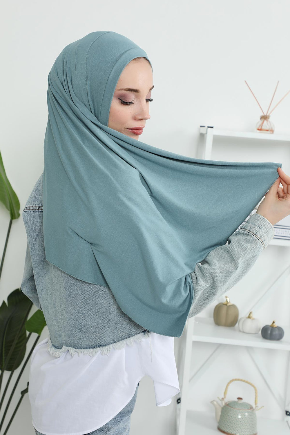 Jersey Shawl for Women Instant Combed Cotton Shawl for Women Cotton Modesty Instant Turban Cap Hat Head Wrap Ready to Wear Scarf,PS-16 Dark Mint