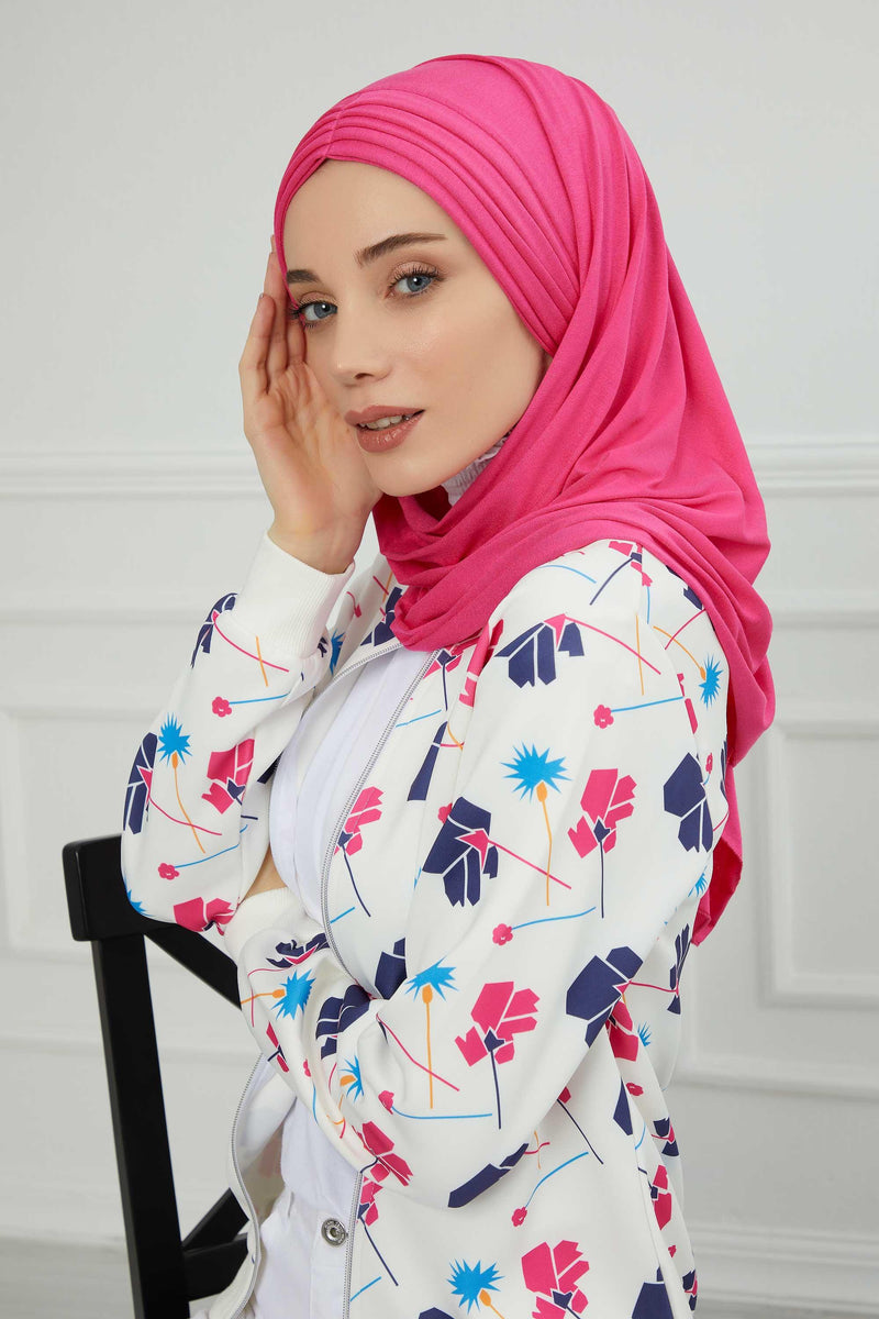Jersey Shawl for Women Instant Cotton Head Wrap Shirred Scarf Turban,CPS-41 Fuchsia