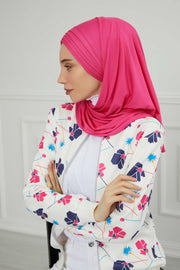 Jersey Shawl for Women Instant Cotton Head Wrap Shirred Scarf Turban,CPS-41 Fuchsia