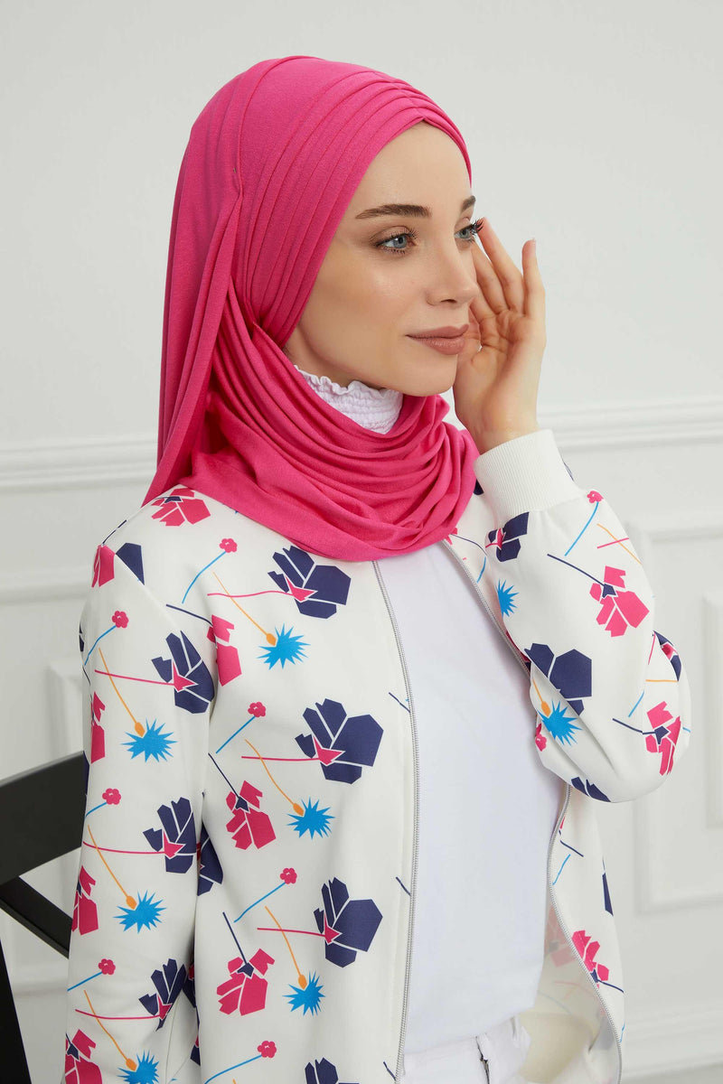 Jersey Shawl for Women Instant Cotton Head Wrap Shirred Scarf Turban,CPS-41 Fuchsia