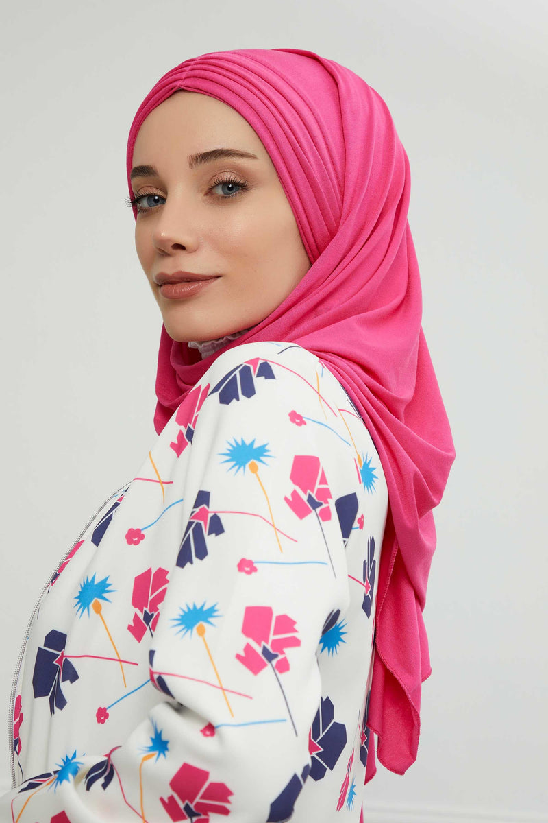 Jersey Shawl for Women Instant Cotton Head Wrap Shirred Scarf Turban,CPS-41 Fuchsia