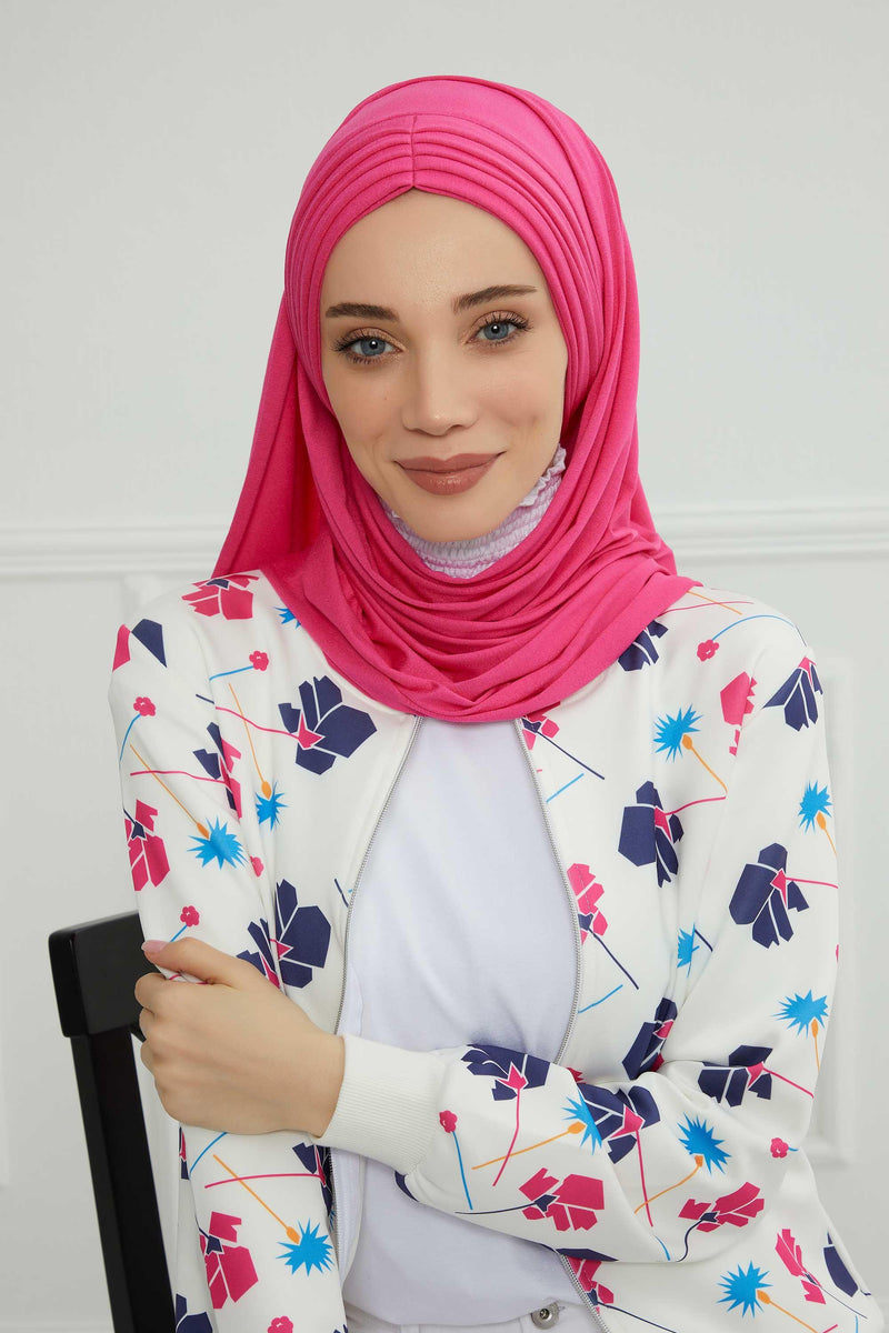 Jersey Shawl for Women Instant Cotton Head Wrap Shirred Scarf Turban,CPS-41 Fuchsia