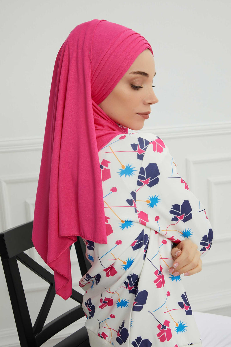 Jersey Shawl for Women Instant Cotton Head Wrap Shirred Scarf Turban,CPS-41 Fuchsia